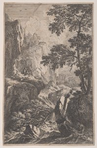 Placa 2: um caçador mirando com sua arma, ajoelhado ao lado de uma grande pedra à direita, um ma..., ca. 1700-25.