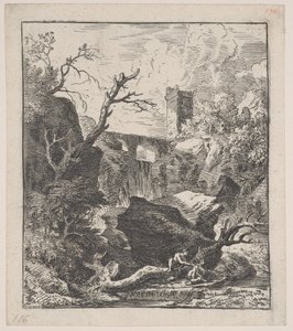 Ilustração 2: duas figuras sentadas em um tronco de árvore na margem de um riacho em primeiro plano,..., ca. 1700-25.