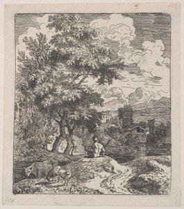 Ilustração 3: um pastor sentado numa colina, uma vaca e duas ovelhas à esquerda, e uma cidade no ri..., ca. 1700-25.