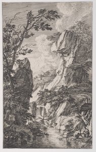 Ilustração 4: dois pescadores na margem de um córrego à direita, uma cachoeira ao centro, a partir..., ca. 1700-25.