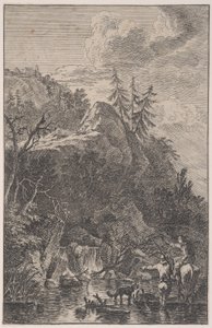 Ilustração 5: figura feminina a cavalo e uma figura masculina com um cão parado numa rua..., c. 1700-25.