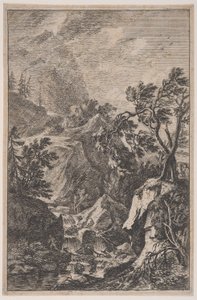 Ilustração 6: duas figuras masculinas em pé sobre uma rocha à direita, uma cachoeira no centro com um..., ca. 1700-25.