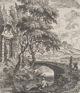 Ilustração 7: duas figuras à direita prestes a atravessar uma ponte de pedra, um pescador no for..., ca. 1700-25.