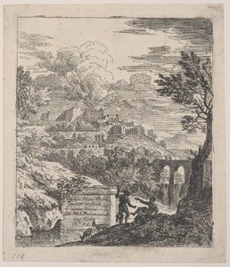 Dois pastores descansando junto a um pedestal, um aqueduto ao fundo, um..., ca. 1700-25.