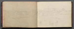 Álbum com Vistas de Roma e Arredores, Estudos Paisagísticos, pág. 08b e 09 a: Vista panorâmica…. de Franz Johann Heinrich Nadorp