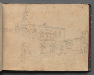 Álbum com Vistas de Roma e Arredores, Estudos Paisagísticos, página 26a: Vista da Arquitetura Romana. de Franz Johann Heinrich Nadorp