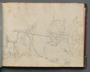 Álbum com Vistas de Roma e Arredores, Estudos Paisagísticos, página 37a: Bois e carroças. de Franz Johann Heinrich Nadorp