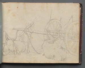 Álbum com Vistas de Roma e Arredores, Estudos Paisagísticos, página 37a: Bois e carroças de Franz Johann Heinrich Nadorp