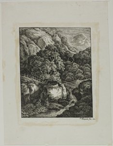 Paisagem de montanha arborizada com uma pequena cachoeira e caminho de Franz Joseph Leopold