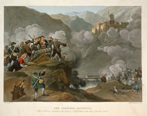 Os Patriotas tiroleses invadindo a fortaleza de Kuffstein com suas armas de madeira, gravadas por John Heaviside Clark (c.1771-1863) e Matthew Dubourg (fl.1813-20) da Anecd Histórico, Militar e Naval