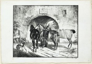 Três cavalos junto à passagem do portão
