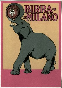 Cartaz publicitário da cerveja Milano ilustrado por Franz Laskoff (1869-1921) representando um elefante bebendo com sua tromba diretamente do barril. Século XX