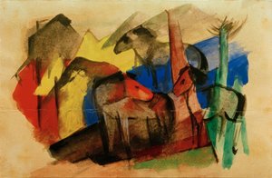 Três cavalos na paisagem com casas de Franz Marc