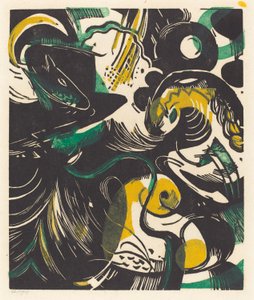 Gênesis II (Schopfungsgeschichte II), 1914 (xilogravura em amarelo, preto e verde) de Franz Marc
