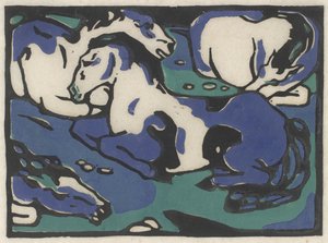 Ruhende Pferde (Resting Horses), 1911-1912, imprimiu 1916 (xilogravura em preto, azul e verde em papel japão) de Franz Marc
