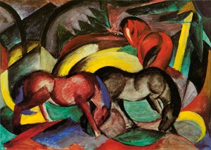 Três Cavalos, 1912 (mídia mista no papel) de Franz Marc