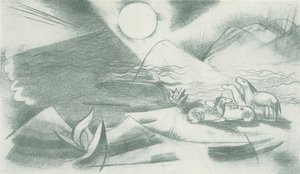 Paisagem intocada com sol, montanhas e um grupo de cavalos de Franz Marc