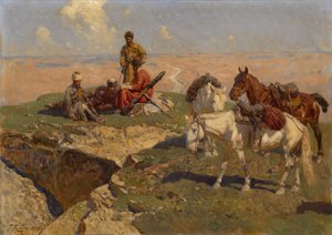 Cavaleiros caucasianos em repouso, 1917 de Franz Roubaud