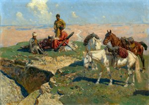 A parada dos guerreiros caucasianos - Pintura de Franz Roubaud (1856-1928) de Franz Roubaud