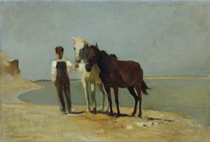 Um rapaz com cavalos na praia de Franz Rumpler