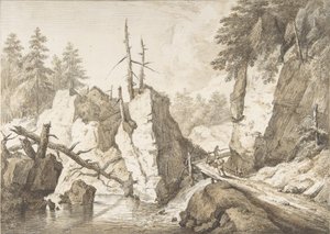 Paisagem montanhosa suíça com pequena ponte sobre um riacho, 1751-81. de Franz Schutz