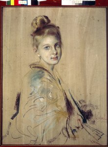 Moça com um fã (Girl With A Fan). Obra de Franz von Lenbach (1836-1904), pastel sobre cartolina, por volta de 1880. Arte alemã do século XIX. State Hermitage, São Petersburgo. de Franz Seraph von Lenbach