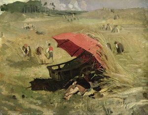 The Red Sunshade, c.1860 (óleo sobre papel a bordo) de Franz Seraph von Lenbach