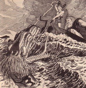 Pesca Thor e Hymir. Ilustração para The Edda: Germanic Gods and Heroes por Hans von Wolzogen