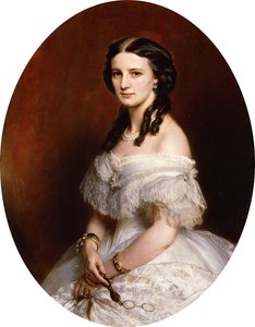 Retrato de uma senhora, meio comprimento, usando um vestido branco e segurando um par de lunetas, de Franz Xaver Winterhalter