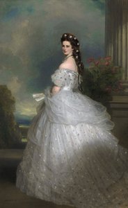 Portuguese: Imperatriz Isabel da Áustria: Tem o cabelo enfeitado com estrelas de ouro branco cravejadas de diamantes. Empress Elisabeth of Austria in Courtly Gala Dress with Diamond Stars de Franz Xaver Winterhalter