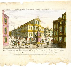 Vue d&39;Optique - A Destruição da Coluna da Imagem Real zu Neu Yorc (Vista Ótica - Destruição da Estátua Real em Nova York), c. 1776 (gravura e gravura com aquarela policromada sobre papel vergê)