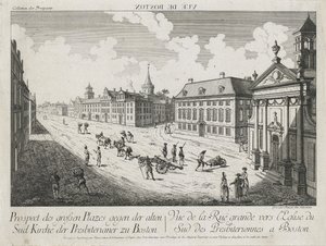 Vue d&39;Optique - Prospect des grossen Plazes gegen der Alten Sud Kirche der Presbiterianer zu Boston (Visão ótica - Visão das grandes praças em direção à Igreja Presbiteriana Old South em Boston), c. 1776 (gravura e gravura, sem cor em papel vegetal)