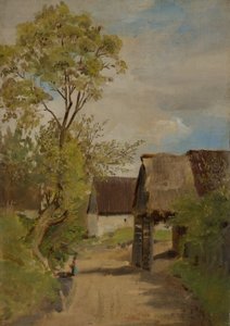 Rua da aldeia em Aresing (?) com figura feminina de Franz von Lenbach