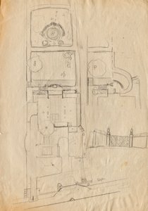 Esboços de design para Matcha Atelier Villa - planta de todo o complexo e jardim, sistema de portão de Franz von Matsch