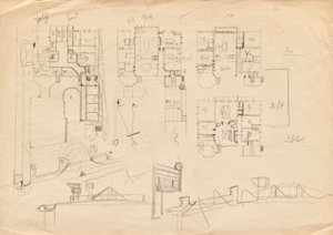 Esboços de design para a vivenda do estúdio Matsch - plantas e construção do telhado de Franz von Matsch
