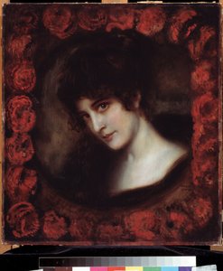 "Retrato de uma Mulher Jovem morena com um rosto emoldurado por rosas. Pintura de Franz Ritter von Stuck (1863-1928) Museu Pushkin do início do século XX, Moscovo de Franz von Stuck