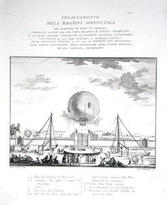Primeiro vôo de balão de ar quente tripulado na Itália feito por Paolo Andreani (1763-1823) 1784, gravado por Girolamo Mantelli, publicado em 1785 (gravura) (ver também 206819) de Fratelli Gerli (after)