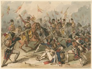 Infantaria francesa e hussardos russos em combate em Austerlitz de Frédéric Goupil Fesquet