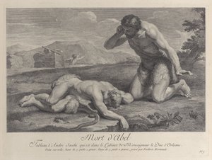 Adão se ajoelha em luto ao lado do corpo de Abel, enquanto Caim foge ao fundo, ca. ..., cerca de 1729. de Frédéric Horthemels