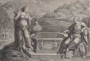 Cristo, sentado à direita, e a mulher de Samaria, que está à esquerda, ca. 1729. de Frédéric Horthemels