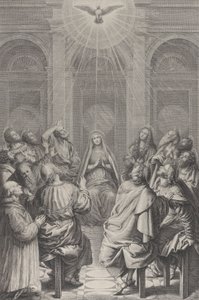 O Pentecostes, com os Apóstolos e a Virgem sentados em círculo, o Espírito Santo ap..., 1729-40. de Frédéric Horthemels