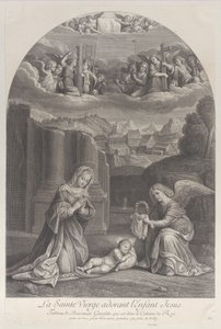 A Virgem Maria adorando o Menino Jesus, um anjo segurando uma coroa de espinhos à direita,..., ca. 1729. de Frédéric Horthemels