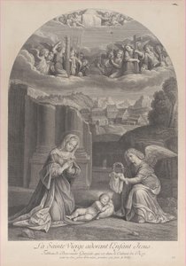 A Virgem Maria adorando o Menino Jesus, um anjo segurando uma coroa de espinhos à direita,..., ca. 1729. de Frédéric Horthemels