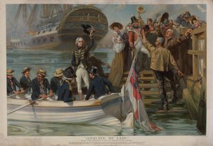 Nelson deixando Portsmouth para navegar para Trafalgar no Victory (chromolitho)