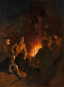 Algures na frente, soldados à volta de um incêndio no acampamento à noite, Frente Ocidental