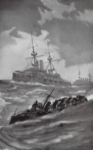 HMS Mars, Terrible e Dragon em cruzeiro no Canal da Mancha (litografia) de Fred T. Jane
