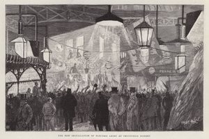 Nova instalação de luz eléctrica no Smithfield Market, Londres