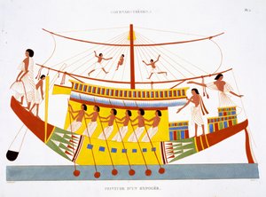 Um barco fluvial no Nilo, de um Raro Registo de Frescos de Tebas, gravado em 1819-1822 na sua segunda visita ao Egipto por Frederic Cailliaud (1787-1869), cor litho