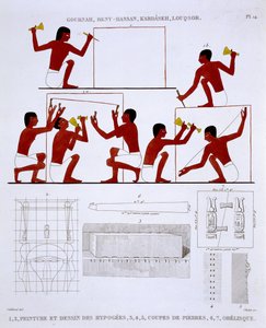 Stonemasons at Work, de um Raro Registo de Frescos de Tebas, gravado em 1819-1822 na sua segunda visita ao Egipto por Frederic Cailliaud (1787-1869), cor litho