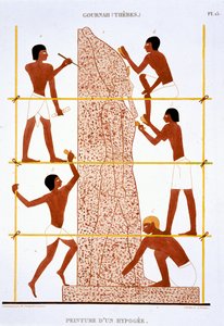 Maçons de pedra fazendo uma estátua colossal do Faraó, de um Raro Registo de Frescos de Tebas, gravado em 1819-1822 na sua segunda visita ao Egipto